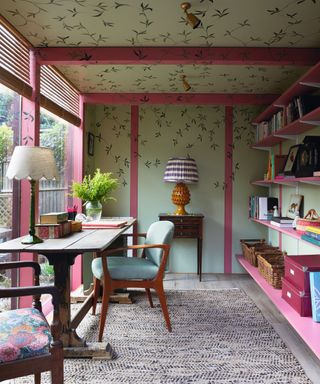 home office with mural on walls and garden vview