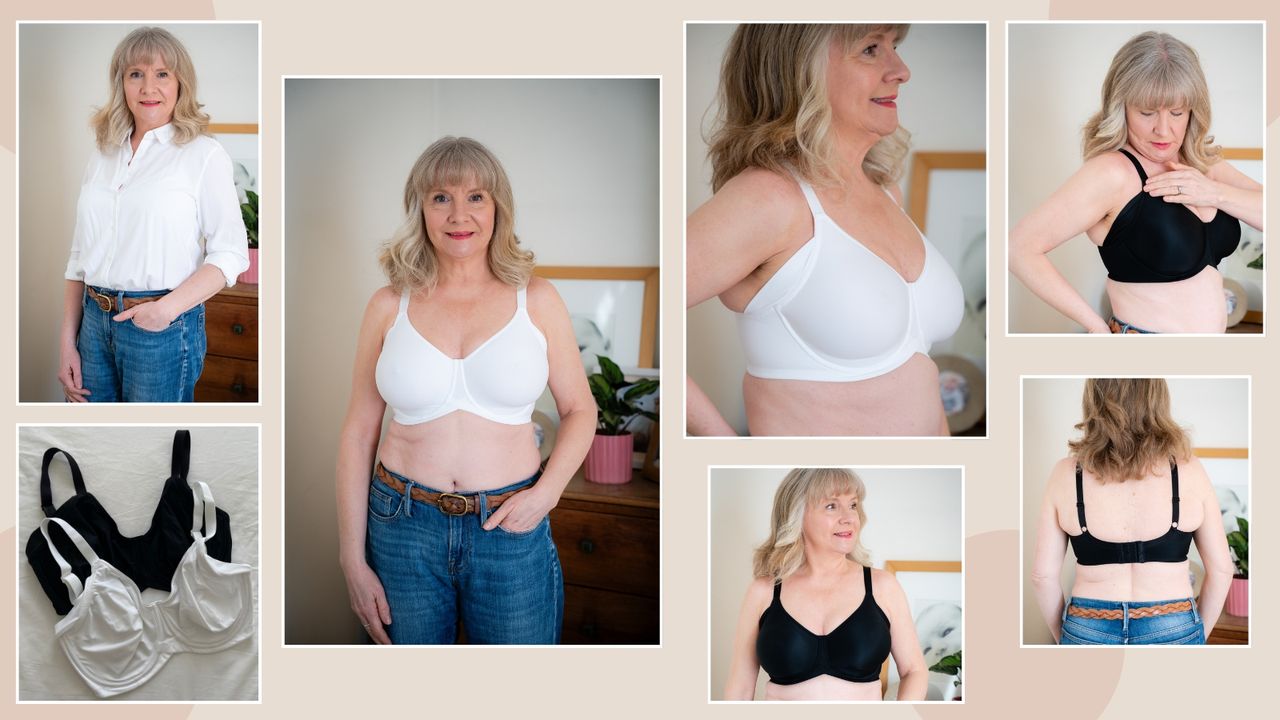 Julie Player wearing Next 2 pack minimiser bras in black &amp; white