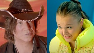 Mickey Rourke and JoJo Siwa in a split image