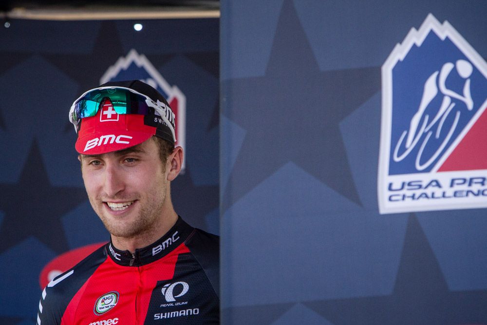 Taylor Phinney (BMC) takes the stage after his big win