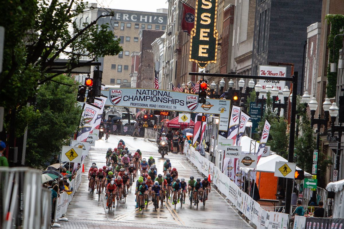 The women head toward the finish line in downtown Knoxville during the US Pro Criterium