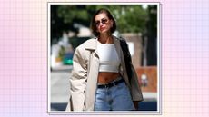 Hailey Bieber is pictured wearing sunglasses, a trench coat and denim shorts on June 27, 2023 in Los Angeles, California/ in a pink,cream and purple template