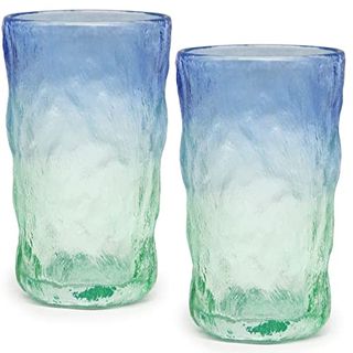TOSSOW Drinking Glasses Set of 2,Mixed Drink Glassware Sets Glacier Pattern Colorful Glass Water Cups for Wine, Beer, Juice, Mojito and Cocktail(12 oz)