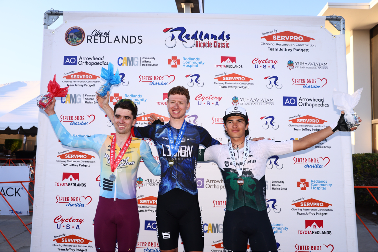 Men podium of stage 4 of Redlands Bicycle Classic
