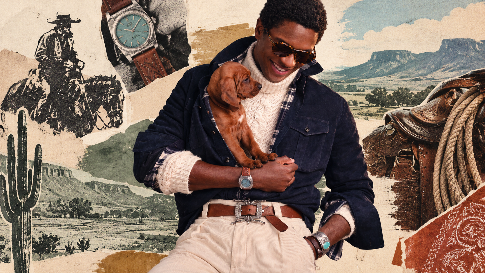 A man in a cable-knit roll neck and denim overshirt and a tan-strap watch with turquoise dial holds a puppy in the crook of his arm. The background is a collage of Western-inspired items
