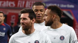 Lionel Messi, Kylian Mbappe and Neymar of Liverpool during the warm-up prior to the Ligue 1 match between Lyon and PSG on 18 September, 2022 at the Groupama Stadium, Lyon, France