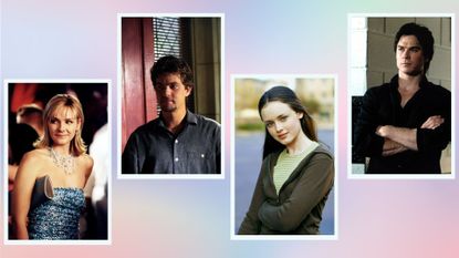 Production stills of Iconic TV Characters including:Samantha Jones from Sex And The City, Pacey Witter from Dawson's Creek, Rory Gilmore from Gilmore Girls and Damon Salvatore from The Vampire Diaries / in a multi colored template