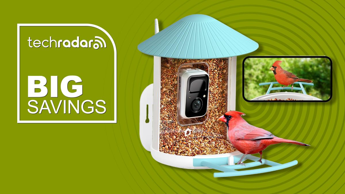 Netvue Birdfy bird feeder camera on a green background with TechRadar Big Savings text overlay