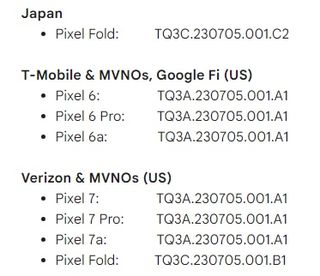 A list of July 2023 security patch version numbers for Japan and U.S. carriers.