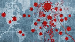 A map of the world with cartoon images of the COVID-19 virus covering various countries.