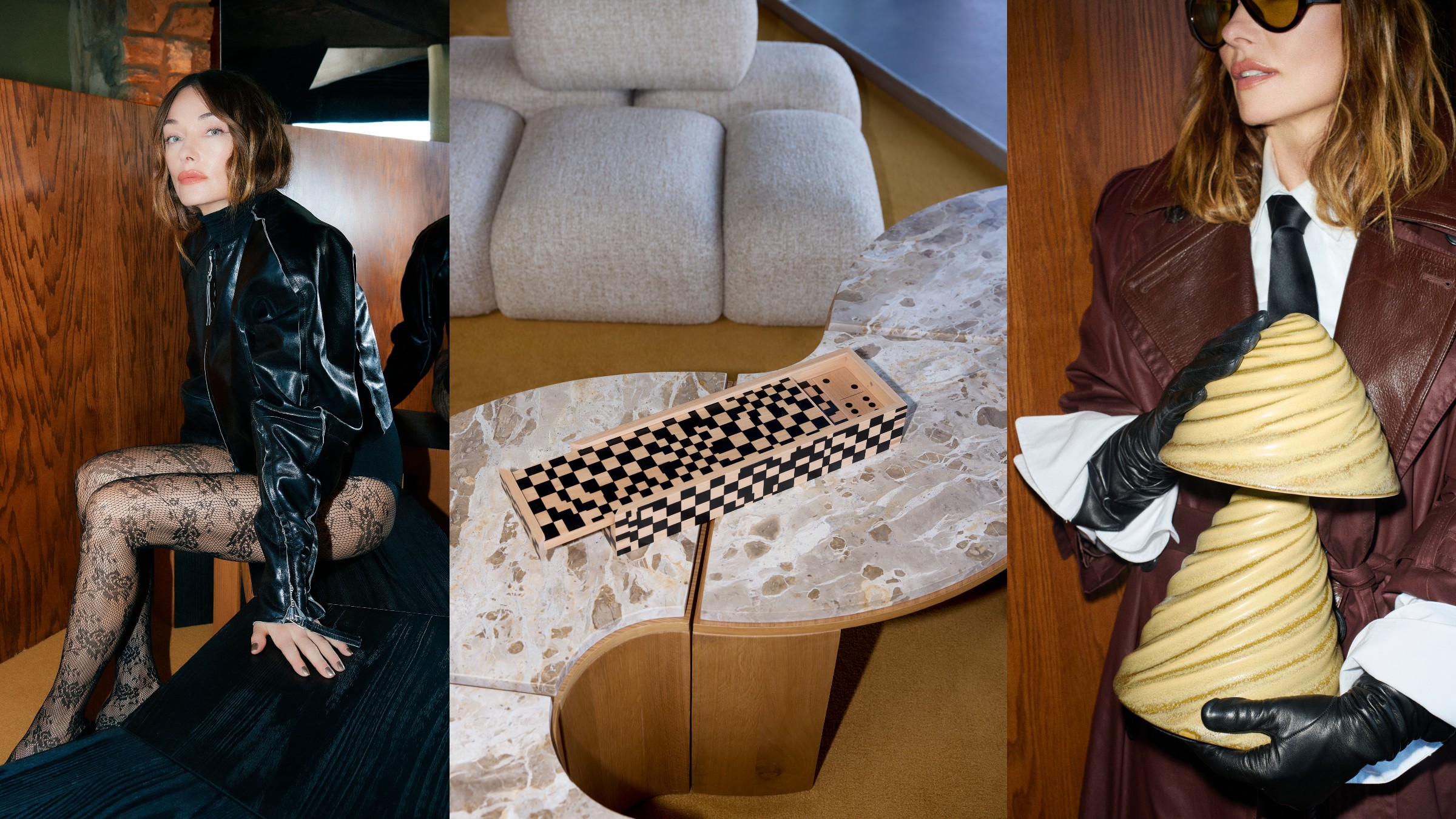 A collage of two images of interior designer Kelly Wearstler with the pieces from her H&amp;M collection and an image of the modular coffee table in the middle 