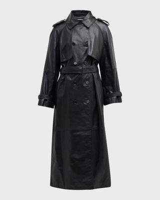 Belted Leather Long Trench Overcoat
