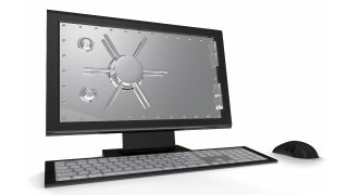 Desktop computer has monitor like the door of a steel safe 