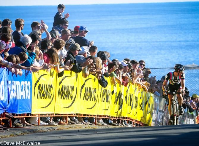 Jeremy Powers (Rapha Focus) checking to see what his margin of victory was