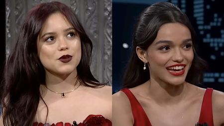 Jenna Ortega wearing red on The Late Show with Stephen Colbert/ Rachel Zegler also wearing red on Jimmy Kimmel Live! (side by side image)