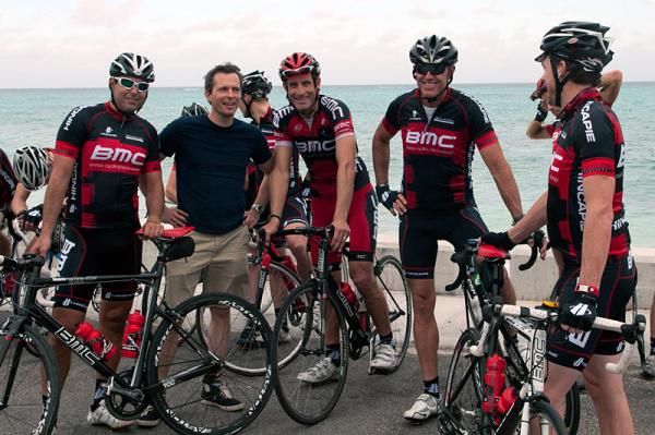 (l-r) Hincapie Sportswear president Rich Hincapie, team marketing and communications director Kirk Flinte, BMC Racing Team pro George Hincapie, team sponsor Mark Holowesko and assistant sports director Steve Carpenter
