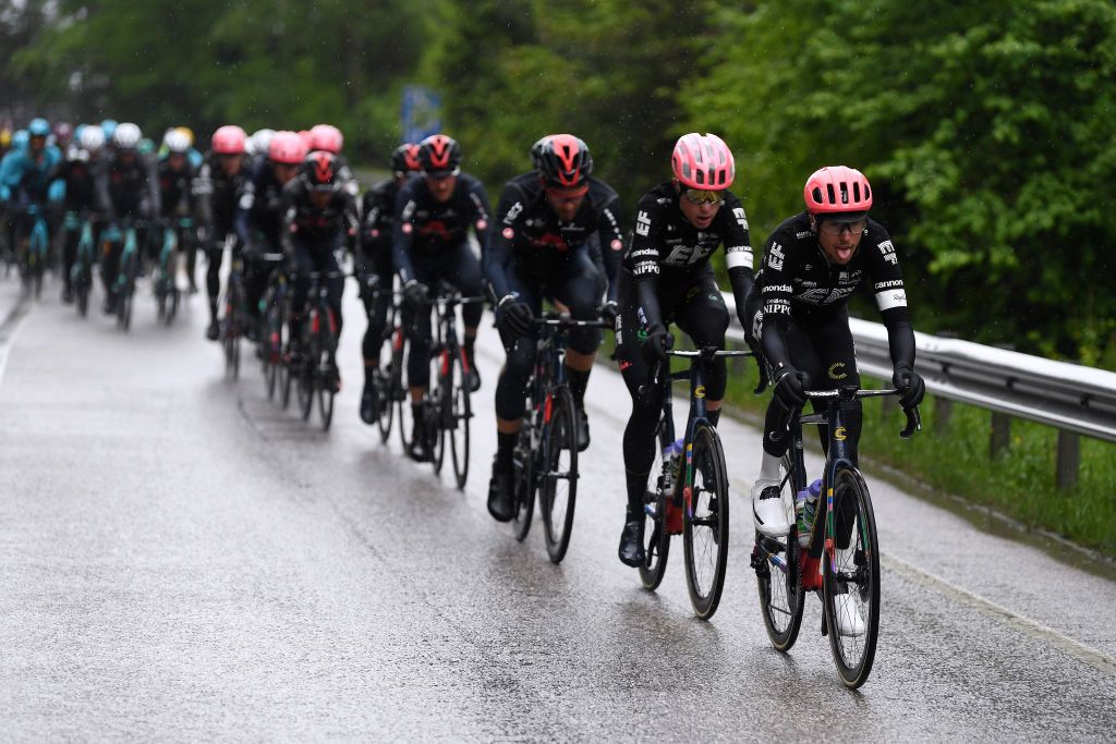 CORTINA DAMPEZZO ITALY MAY 24 Jens Keukeleire of Belgium and Team EF Education Nippo leads The Peloton during the 104th Giro dItalia 2021 Stage 16 a 153km stage shortened due to bad weather conditions from Sacile to Cortina dAmpezzo 1210m Rain girodiitalia Giro on May 24 2021 in Cortina dAmpezzo Italy Photo by Tim de WaeleGetty Images