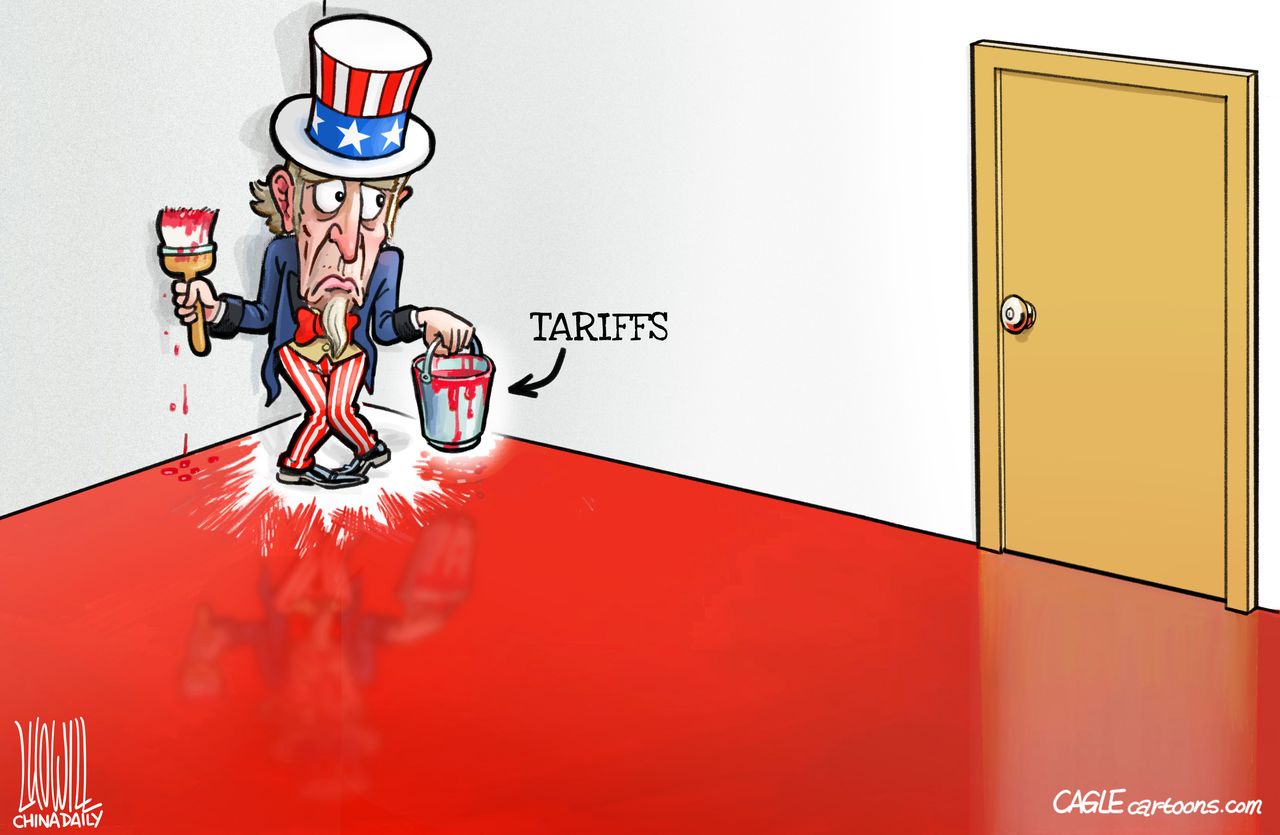 Political cartoon U.S. Trump tariffs trade war China Uncle Sam