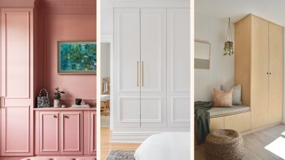 three IKEA closet hacks shown in a compilation image side by side one painted pink, one white and the other natural wood with a storage bench built in