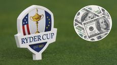 A Ryder Cup tee marker next to an inset image of a pile of dollars