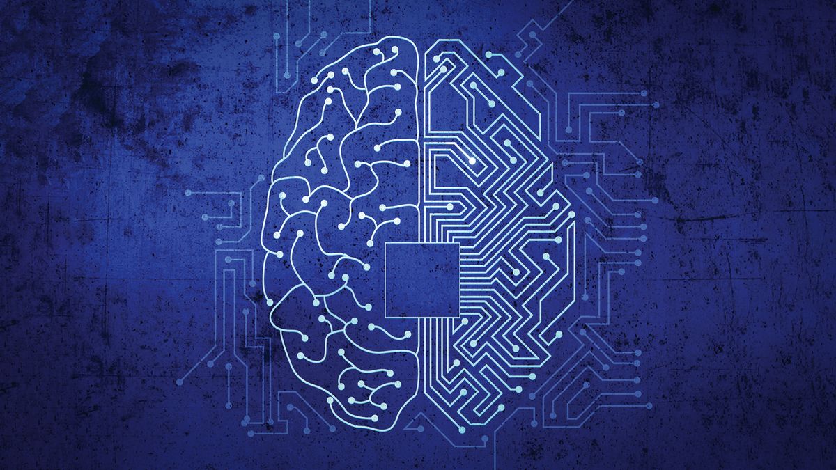 An illustration of a brain in the shape and style of a circuit board. There is space in the middle for a chip to be placed and the background has a grungy feel to it.