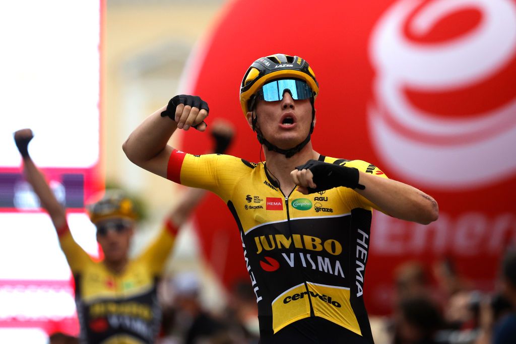 LUBLIN POLAND JULY 30 Olav Kooij of Netherlands and Team Jumbo Visma celebrates winning during the 79th Tour de Pologne 2022 Stage 1 a 2188km stage from Kielce to Lublin TdP22 WorldTour on July 30 2022 in Lublin Poland Photo by Bas CzerwinskiGetty Images