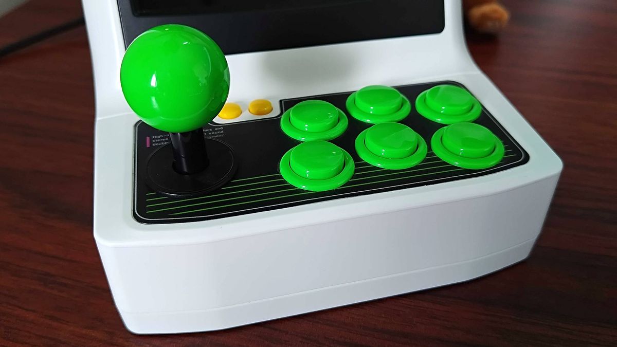 Close up of Sega Astro City Mini buttons and joystick.