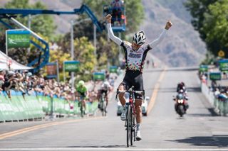 Lachlan Morton (Jelly Belly) celebrates his win which moves him into the overall lead