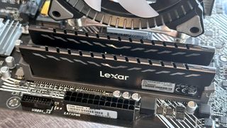 A photo of a Lexar dual-channel DDR4 RAM kit, installed in a motherboard.