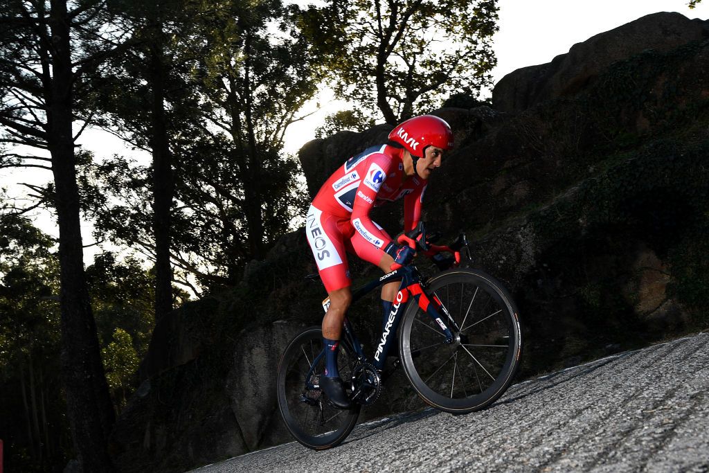 MIRADOR DE ZARO DUMBRA SPAIN NOVEMBER 03 Richard Carapaz of Ecuador and Team INEOS Grenadiers Red Leader Jersey during the 75th Tour of Spain 2020 Stage 13 a 337km Individual Time Trial stage from Muros to Mirador de zaro Dumbra 278m ITT lavuelta LaVuelta20 La Vuelta on November 03 2020 in Mirador de zaro Dumbra Spain Photo by David RamosGetty Images