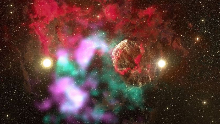 Lots of colorful blobs against a dark background of space. Toward the right, there is a spherical cloud-shaped object that's gray and red.