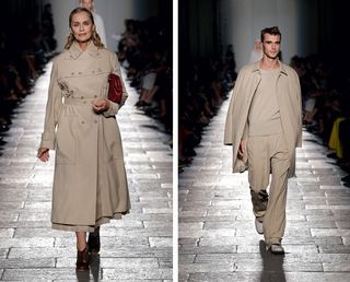 Side by side photos of female and male models on a catwalk. Both are wearing beige colour clothes, with the female wearing a collar down trench coat and the male wearing a teeshirt, overcoat and trousers.
