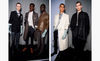 Two images of male models wearing clothing by Dior in dark and light shades.