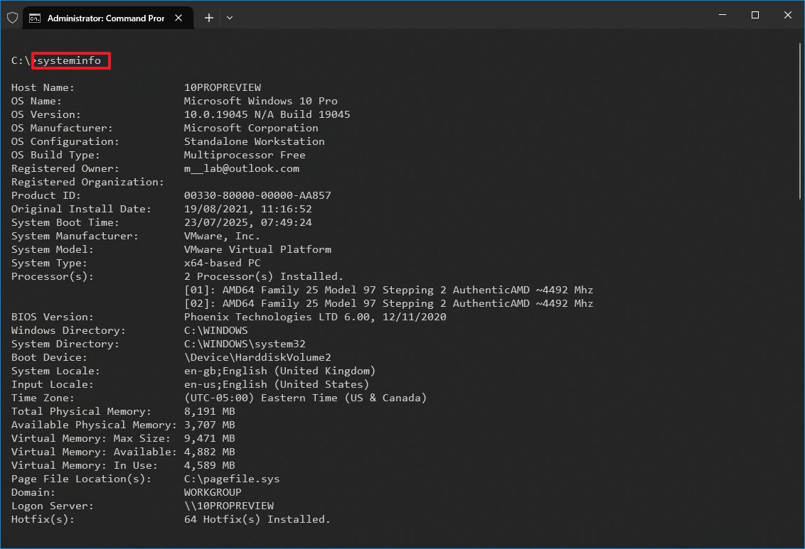 Windows 10 system specs using Command Prompt