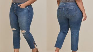 composite of model wearing torrid high rise ripped tapered jeans