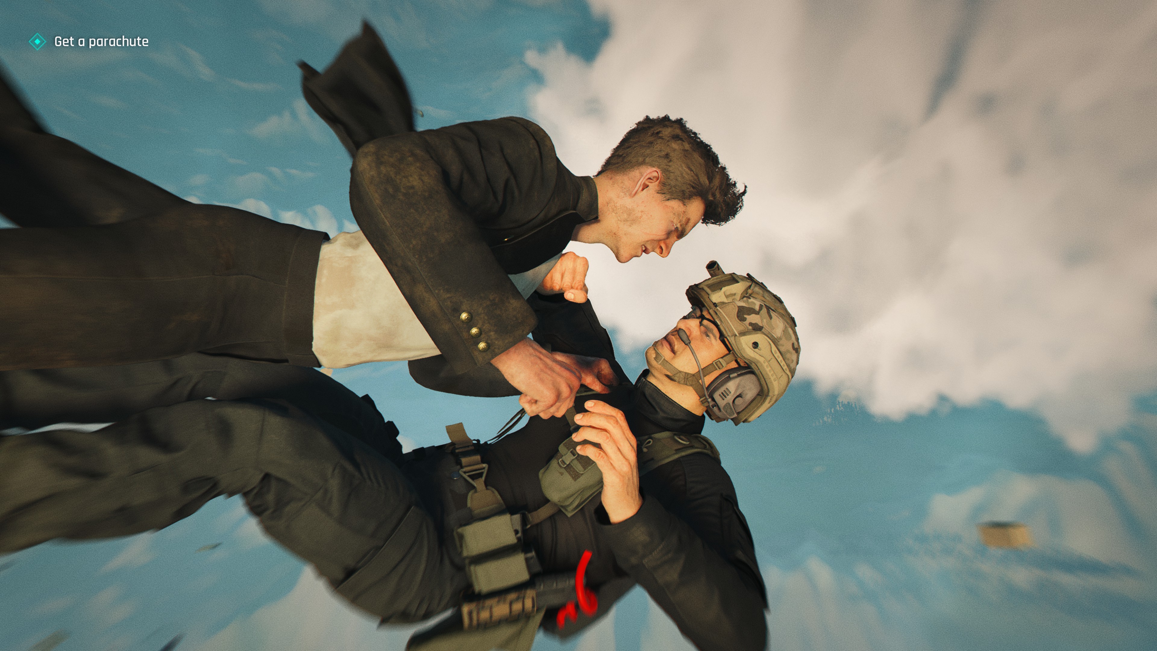 Fighting a man while skydiving.