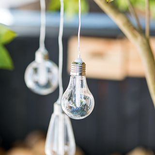 Weatherproof lightbulbs hanging from tree in garden