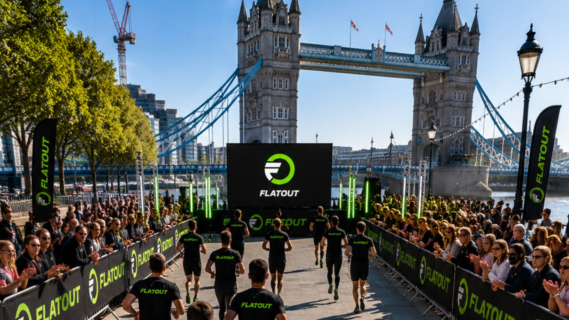 an ai rendering of what the Flatout competition by Tower Bridge will look like as the competitors run past to the finish line