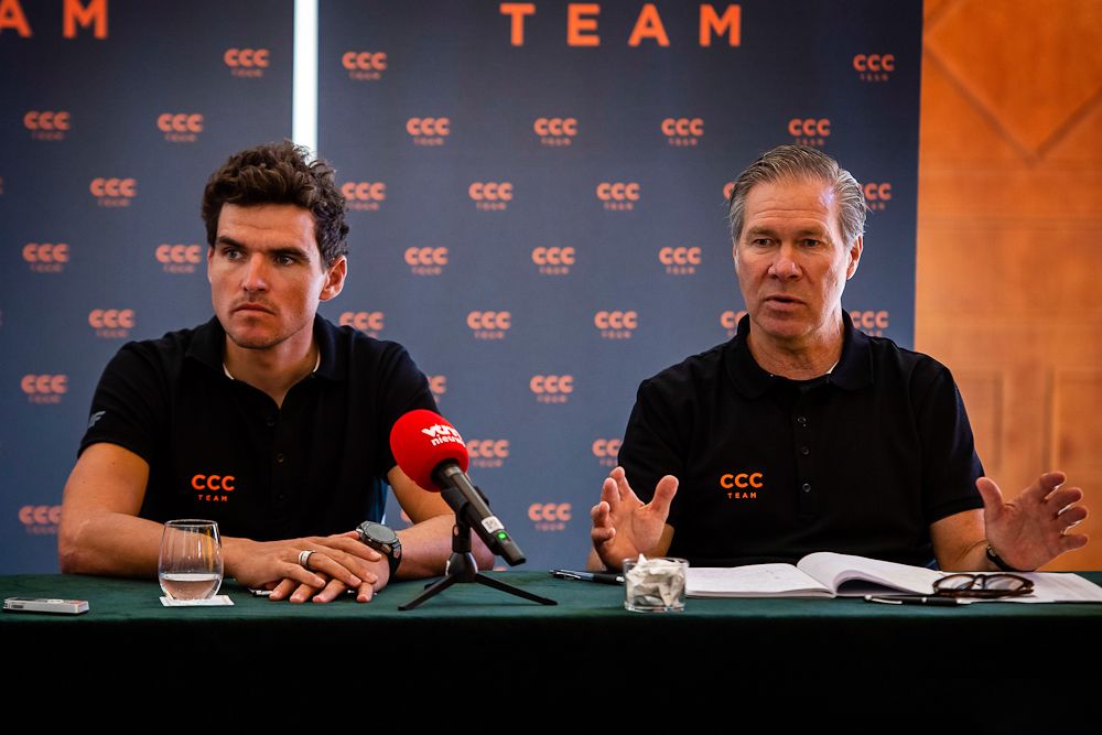 Greg Van Avermaet and Jim Ochowicz address assembled media at the CCC Team press conference