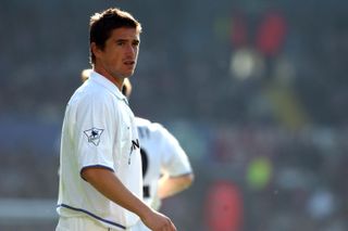 Harry Kewell looks on while playing for Leeds United against Liverpool, 2002