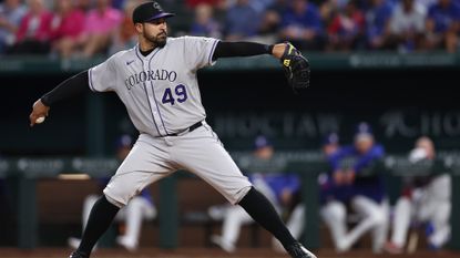 Antonio Senzatela #49 of the Colorado Rockies pitches during the third inning against the Texas Rangers at Globe Life Field on May 14, 2025 in Arlington, Texas