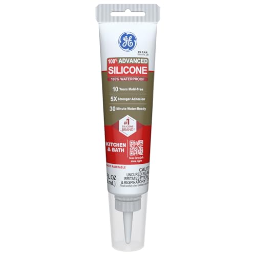 Ge Advanced Silicone Caulk for Kitchen &amp;amp; Bathroom, Clear, 2.8 Fl Oz Tube, 1 Pack - 100% Waterproof Silicone Sealant, 5x Stronger Adhesion, Shrink &amp;amp; Crack Proof