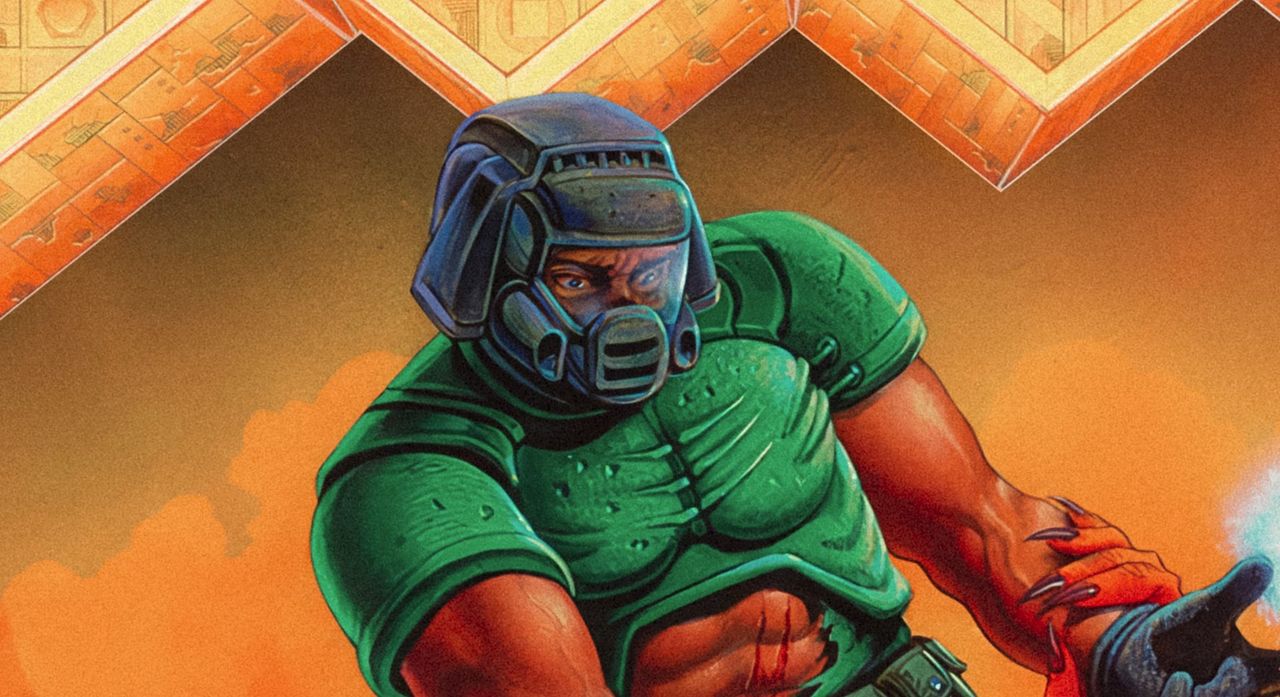Zoom in of OG Doom cover art showing Doomguy's torn shirt
