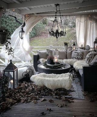 Witchy halloween porch with cobwebs and grey deor