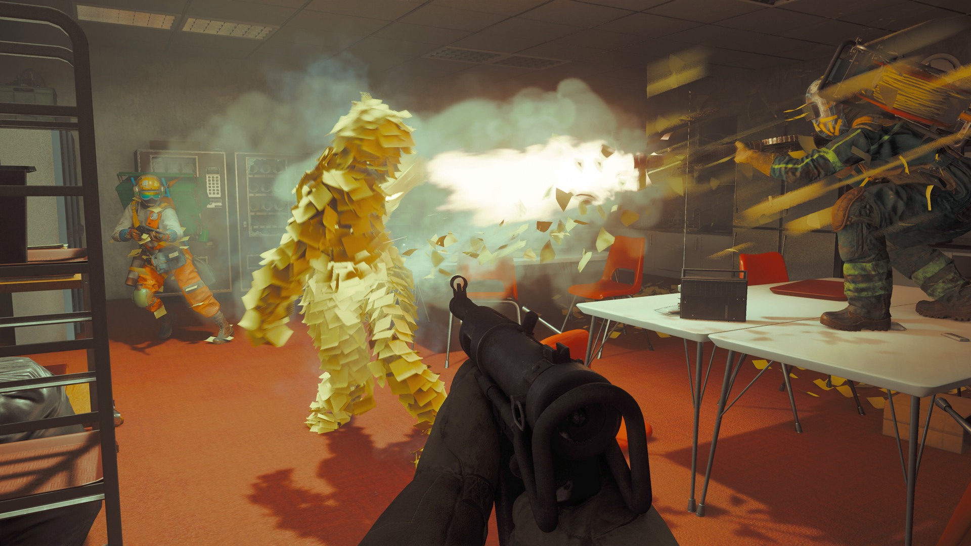 A screenshot of the game FBC Firebreak depicting containment officers fighting a monster made of sticky notes.