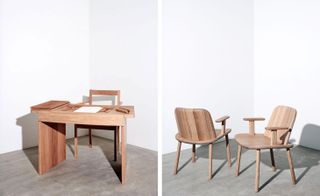 Wooden desk and chairs