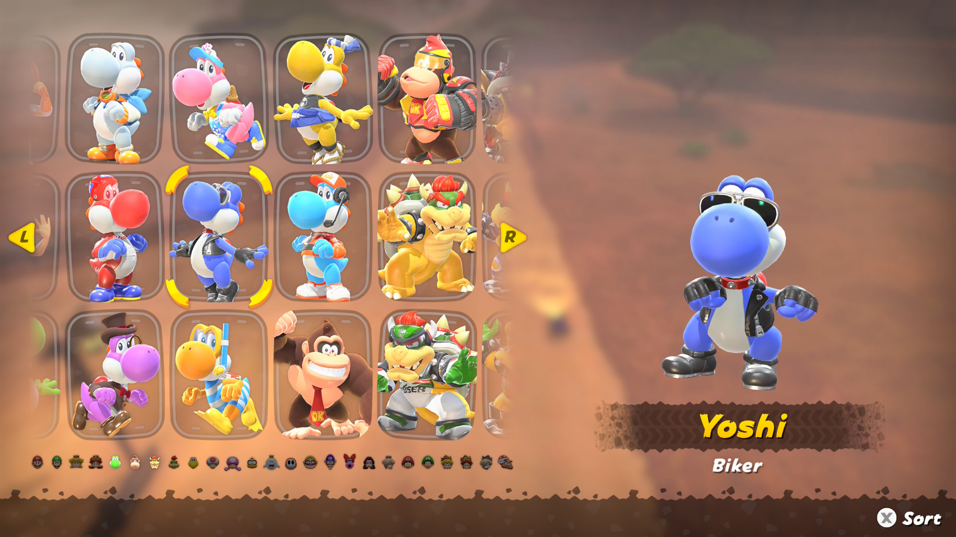 Mario Kart World Yoshi outfits including Biker