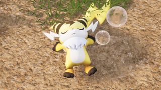 Sparkit sleeps on the ground after farming Electric Organs in Palworld.