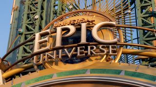 The sign for Universal Epic Universe from the main gate of the theme park