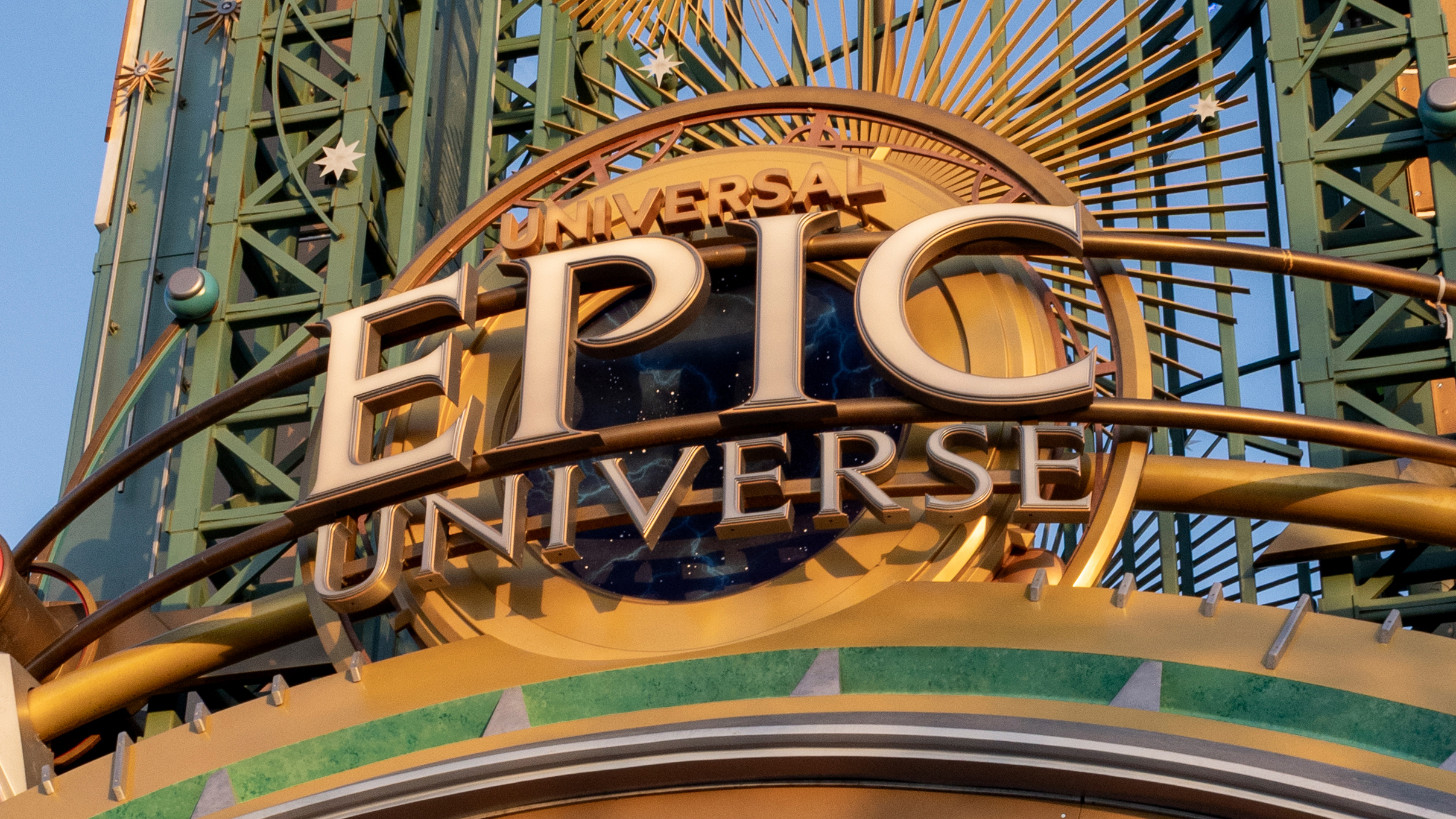 The sign for Universal Epic Universe from the main gate of the theme park